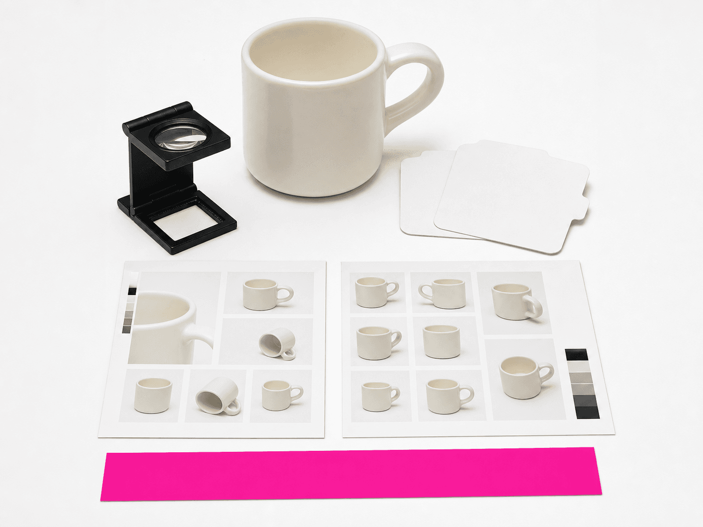 Studio contact sheets, a product frame and review tabs arranged on white
