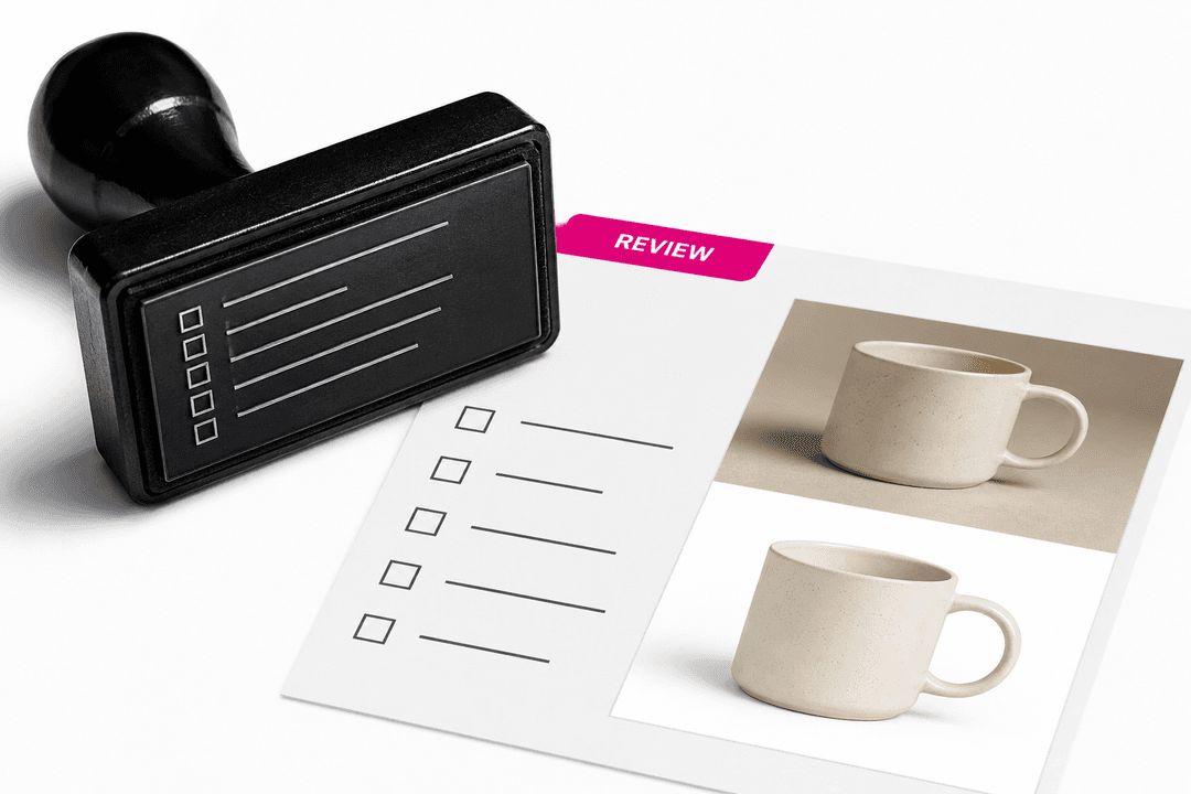 A pre-publish truth checklist beside a real product reference and generated image
