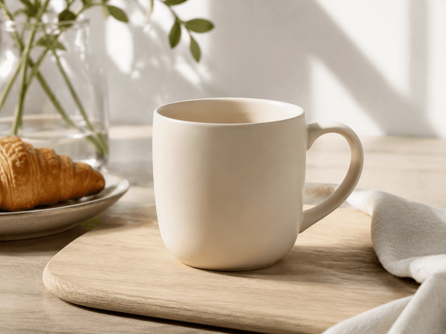 Lifestyle scene for a generic, unbranded cream ceramic mug